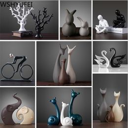 1pcs Ceramic animal vase like swan deer ornament bookcase crafts home living room office desktop figurine decoration 211101