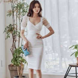 sunmer style korean dress v-collar perspeltive bubble sleeve elegant temperament thin party for women dresses 210602