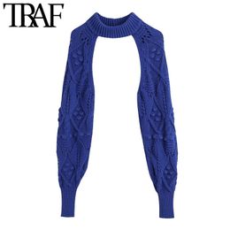 TRAF Women Fashion With Bobbles Arm Warmers Knitted Sweater Vintage High Neck Long Sleeve Female Pullovers Chic Tops 210415