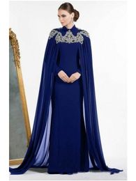 Arabic Dark Blue Dubai sheath Evening Dresses With Cape Beaded lace High neck Fitted Mermaid Long sleeves Prom Dress Kaftan Morocco Mom Dress