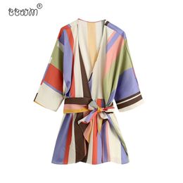 Women Stylish Chic Colour Striped Dress With Belt Vintage V Neck Side Bow Tie Short Female Elegant Dresses 210531