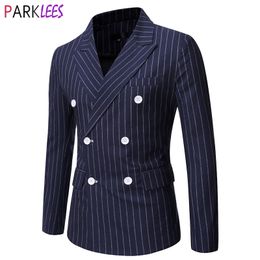 Men's Double Brested Pinstripe Suit Jacket Brand Slim Fit Notched Lapel Dress Blazer Men Casual Business Formal Blazer Masculino 210522