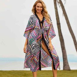 Bikini Cover-ups Bohemian Printed Long Kimono Cardigan Plus Size Tunic Women Beach Wear Swim Suit Cover Up Sarongs Q1148 210420