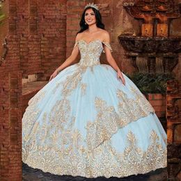 Blue Princess Quinceanera Dresses Off the Shoulder Gold Lace Applique Puffy Skirt Plus Size Sweet 16 Prom Ball Gown