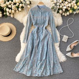 Spring Autumn Women Vintage O-neck Single Breasted Midi Dress Office Ladies Lace Patchwork Fairy 210423