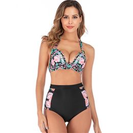 In stock Women's Swimwear halter high waist solid multi color print split Two-pieces bikini neck band Sexy Swim suit 15 colors ottie