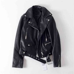 streetwear black leather jacket women slim turn down collar zipper with belt faux coat ladies biker moto style outwear 210525