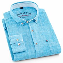 Men's Regular-Fit Shirt Cotton Line Long Sleeve Loose Business Dress Pure Color Button Shirt Men Blue White Tops Camisa Hombre L 210609