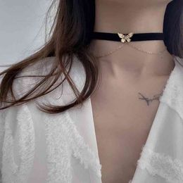 Goth Vintage Butterfly Black Velvet Double Chain Clavicle Collar Choker Necklaces for Women Egirl Party Aesthetic Accessories