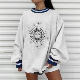 Plus Size Autumn Winter Sun Star Sweatershirts Womens Casual Loose Pullover Cute Youg Girls Hoodies Female Clothes Gray Oversize 210805