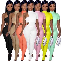 Womens Three Piece Suit Crop Top Legging Set Sexy Hollow Out Short Sleeve Pencli Pants Outfits Night Club Party Ladies Casual Clothing