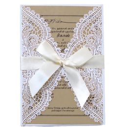 2021 NEW Laser Cut Wrap Invitation - White Laser Cut Wedding Invitation with Blush Shimmer Insert and Burgundy Ribbon Bow