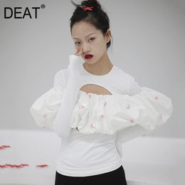 Women Spring And Summer Round Neck Full Sleeves Ruffles Printed Hollow Out Elastic T-shirt Female Top 1S723 210421