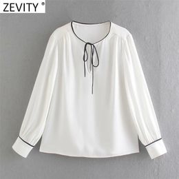 Women Sweet Black Edge White Chiffon Smock Blouse Female Pleats Long Sleeve Kimono Shirt Chic Blusas Tops LS7654 210416