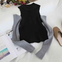 Sexy Off Shoulder Knit Bottom Sweater Contrast Colour Patch Slim Pull Femme Hiver O Neck Long Sleeve Winter Clothes 48262 210422