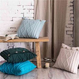 Nordic Solid Pillow Case Cover 18" Double Cable Knit Diamond Cushion Cove Blue Dark Green Turquoise Ivory Button 45cm*45cm Soft 210401