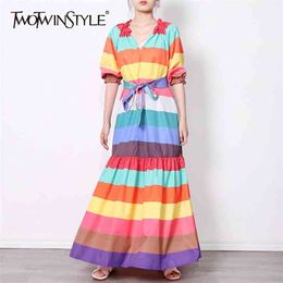 Striped Elegant Dress For Women V Neck Long Sleeve High Waist Sashes Hit Colour Trumpet Dresses Female Fashion 210520