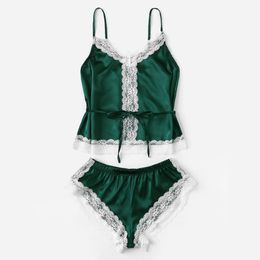 Lace Trim Satin Pijamas Belt Pajamas Set Belt Loungewear Sexy Cami Top with Shorts Summer Sleepwear for Women X0526