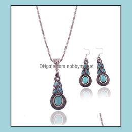 Earrings & Necklace Jewellery Sets Fashion Vintage Pattern Blue Crystal Turquoise Pendant For Party Women Dresses Aessories Sale 10 Drop Deliv