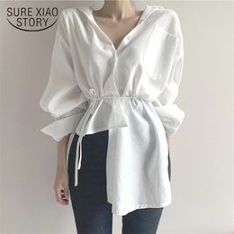 Autumn Long Sleeve V-neck Cardigan Button Up Shirt Casual Lace-up Blouse Irregular Korean White Tops For Women 11677 210415