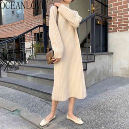 Plus Size Autumn Winter Dress for Women Solid Half Turtleneck Loose Warm Femme Robe Knitted Retro Vestidos Thick 19546 210415