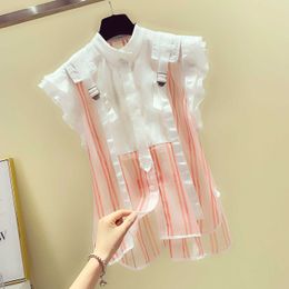 Fashion Sleeveless Striped Shirts Women Wild Casual Ladies Chiffon Blouses and Tops Summer Korean-Style Clothing 210615