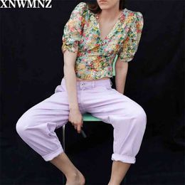 women Printed satin blouse Cropped featuring V-neck short sleeves invisible side zip front button tops 210520