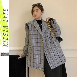 Winter Women Plaid Coat Jacket Fashion Vintage Stylish PU Patchwork Casual Loose Cheque Blazers Female Outerwear 210608