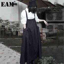 [EAM] High Elastic Waist Black Pleated Pocket Ruffle Casual Half-body Skirt Women Fashion Spring Autumn 1DD7343 210512