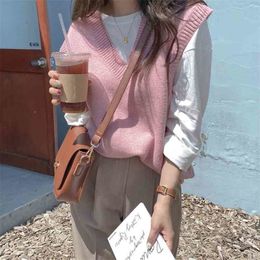 Pink Retro Loose Female Jumper Women Sweaters Pullovers Vest Sleeveless Femme Tops Solid Knitted Clothe 210525