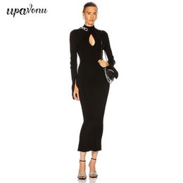 Free Women Knit Dress Sexy Stand Collar Long Sleeve Hollow Black Bodycon Club Midi Celebrity Party 210524