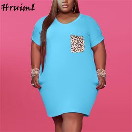 Plus Size Dress Short Sleeve Leopard Pockets Patchwork African Style Casual Elegant Round Neck Fashion Streetwear Mini 210513