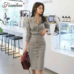 Sexy Women Two Pieces Sets Autumn Knitted Suits Geometric Pattern Long Sleeve Cardigan + Pencil Skirt 210603