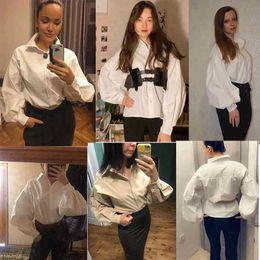 Shirts Casual Solid Women Office Shirts Outwear Tops Turndown Collar Blouse With Pockets White Chiffon Satin Shirt Long Sleeve 210401