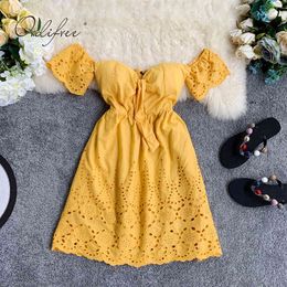 Summer Women Off Shoulder Mini Short Sleeve Embroidery White Lace Sexy Tunic Beach Dress 210415