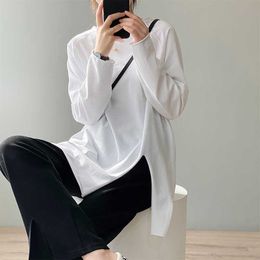 Spring White Black Long-sleeved Loose T-shirt Women's Korean Solid Long-style Bottoms Top Female 210607