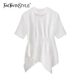 TWOWINSYLE Casual White Shirt For Women O Neck Short Sleeve Irregular Hem Straight Shirts Females Summer Fashion 210524