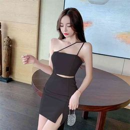 fashion sexy oblique shoulder waist bag hip temperament split open back tight dress Polyester Office Lady 210416