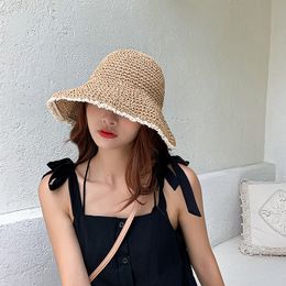 Women Summer Outdoor Straw Hat Vacation Beach Casual Caps Solid Colour Foldable Sun Cap Lace Wide Brim Hats