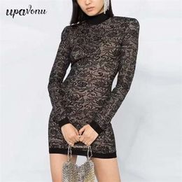 Free Women Lace Jacquard Bandage Dress Elegant Stand Collar Long Sleeve Bodycon Club Party Mini Vestidos 210524