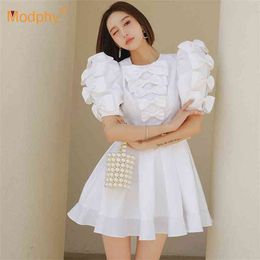 Elegant White Bow Dress Women's Bubble Short Sleeve A-line Mini Dresses Summer Female Fashion Party Vestidos 210527