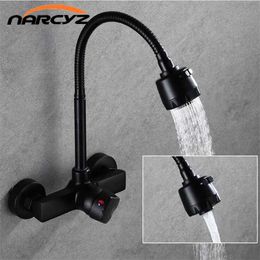 Kitchen Faucet Wall Mounted Double Holes 360 Rotate Flexible Black Mixers Sink Tap Wall Kitchen Faucet and Cold Water XT-217 210724