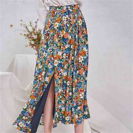 New Women Flower Pleated Skirt Cotton Colourful Floral Print Buttons Elegant Split Long Skirts 210412