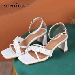 SOPHITINA Fashion Women's Sandals Cowhide Square Heel Pleated Buckle Strap Transparent Cover Heel Sandals Office Shoes AO874 210513