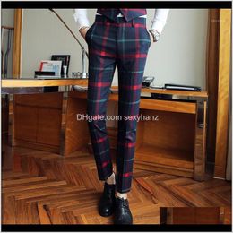 Suits & Blazers Clothing Apparel Drop Delivery 2021 Quality Red Plaid Mens Dress Slim Trousers Business Office Casual Suit Pants Large Size 3