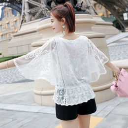 Women Lace and Chiffon Flower Embroidery Blouse White Shirt Ladies Long Sleeve Loose Female Tops Summer Sun Protection 210423