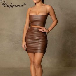 Colysmo Leather Skirt Matching Sets 2 Layer Elastic Ruched Bodycon Two Piece Set Women Summer Solid Colour Sexy Casual Party Wear 210527