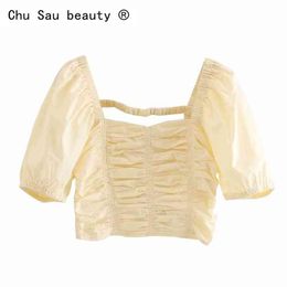 beauty Women Summer Short Tops Casual Fashion Solid Color Square Collar Pleated Elastic Bubble Sleeve Shirts 210514