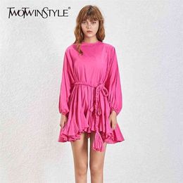 Summer A Line Women's Dress O Neck Long Sleeve High Waist Sashes Slim Rose Colour Mini Dresses Female 210520