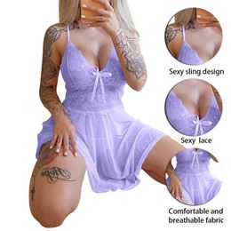 Female Nightdress Lace Mini Dress Lingeries Two Pieces Set Dress with Briefs Perspective Sleepwear Spaghetti Strap Deep V Neck Homewear Sheer Mesh Dress